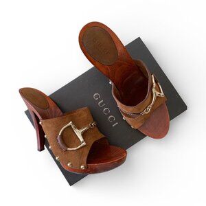 Gucci Horsebit Brown Suede Heeled Clogs